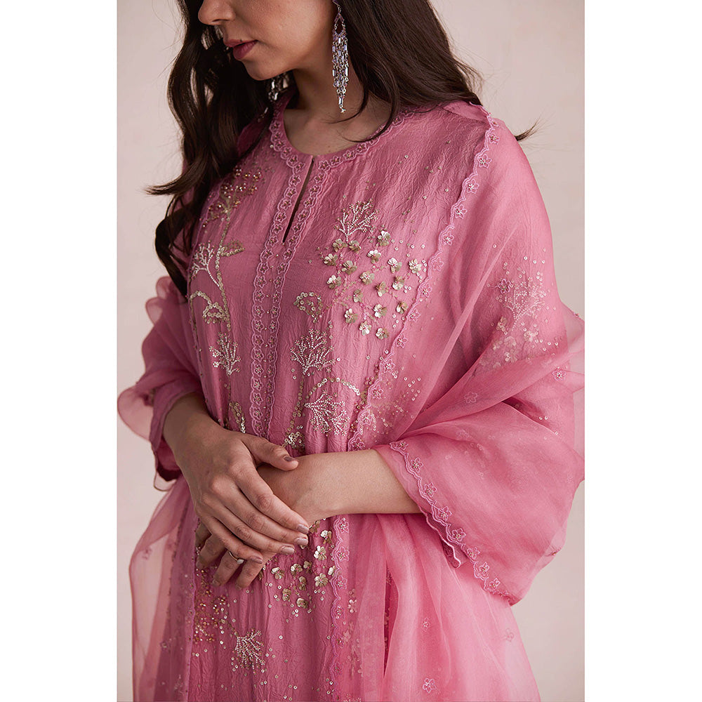 One Not Two Pink Embroidered Kurta with Slip and Palazzo (Set of 3)