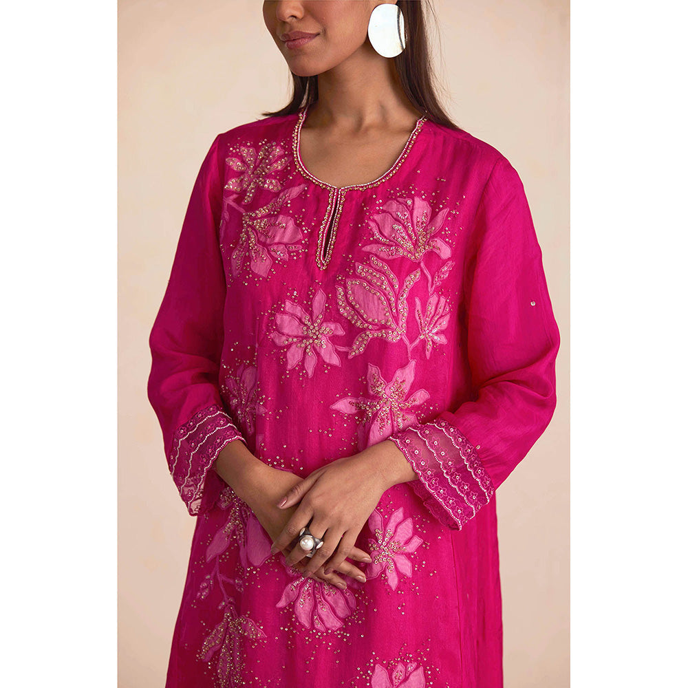 One Not Two Pink Silk Embroidered Anarkali with Pant and Slip (Set of 3)
