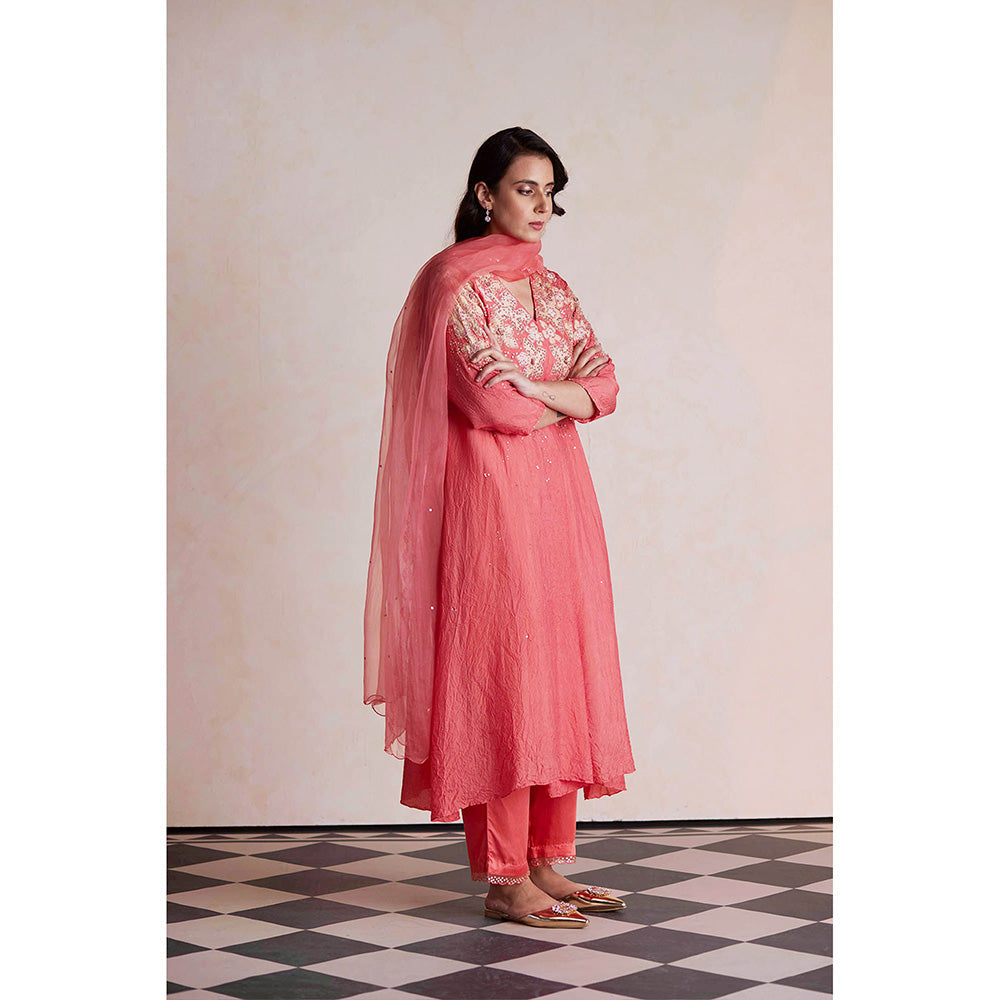 One Not Two Coral Anarkali with Pant and Slip (Set of 3)