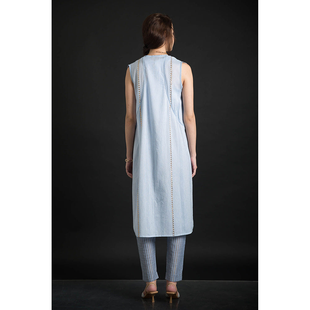 ORCR Long Embroidered Sleeveless Blue Jacket with Pant (Set of 2)