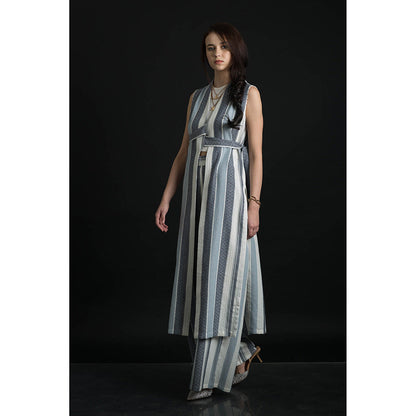 ORCR Parayan Stripes Sleeveless Blue Jacket with Pant (Set of 3)