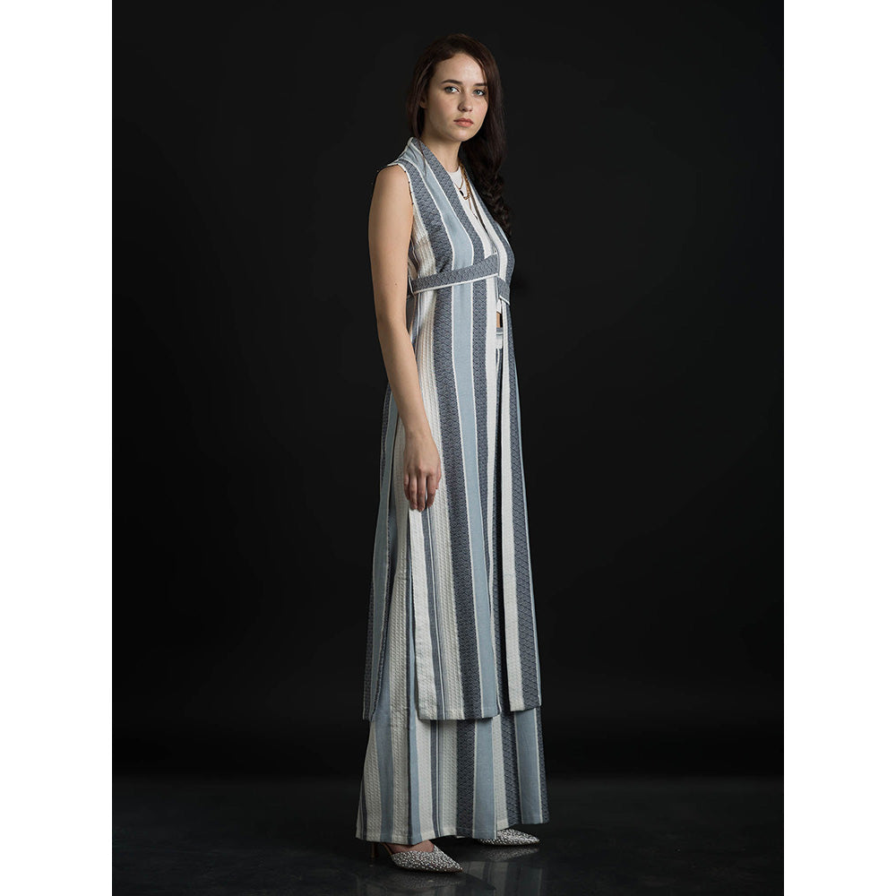 ORCR Parayan Stripes Sleeveless Blue Jacket with Pant (Set of 3)