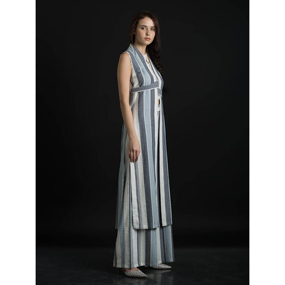 ORCR Parayan Stripes Sleeveless Blue Jacket with Pant (Set of 3)