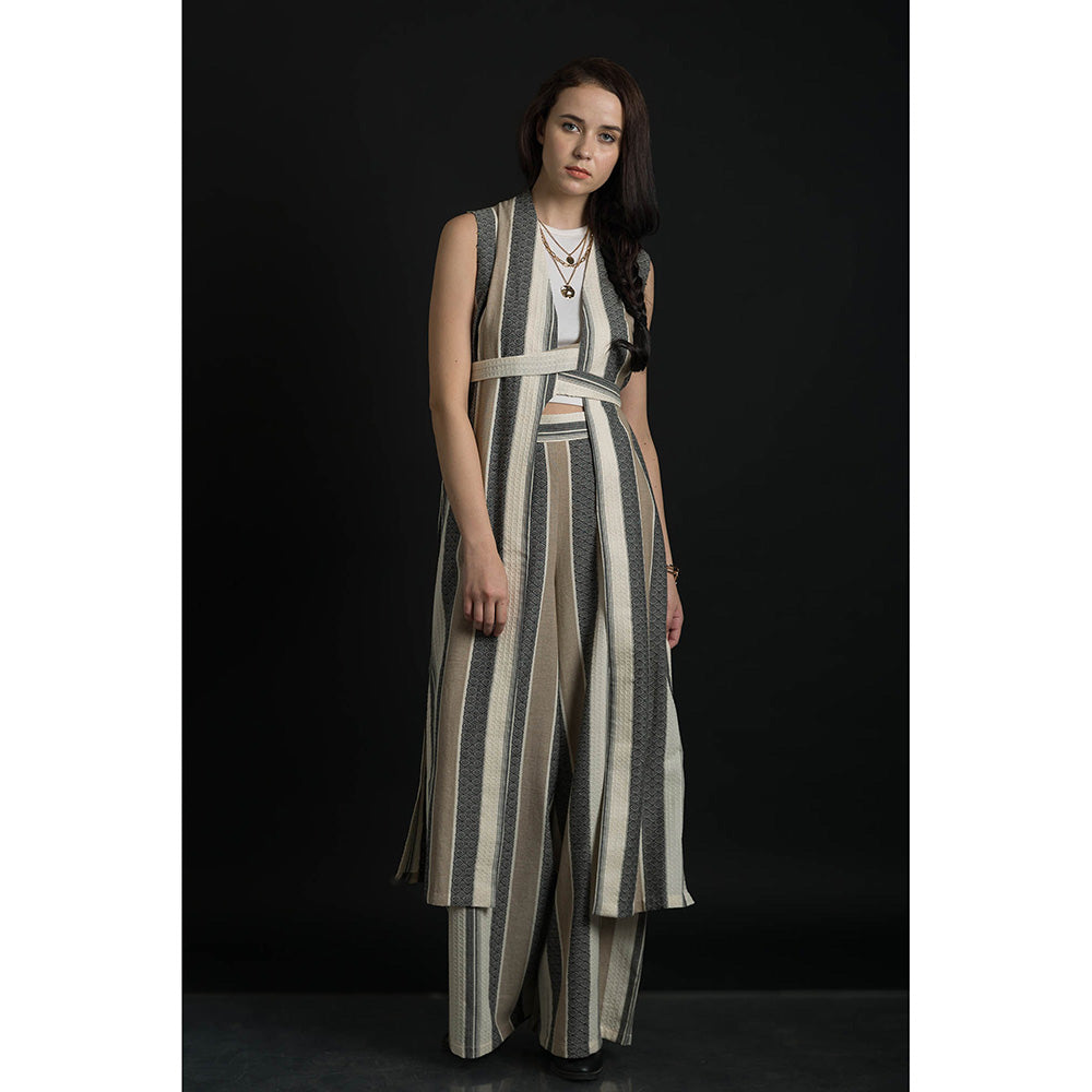 ORCR Parayan Stripes Sleeveless Beige Jacket with Pant (Set of 3)