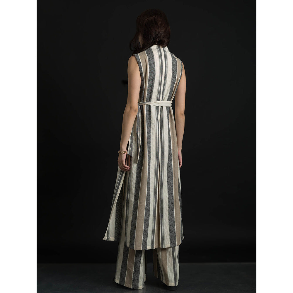 ORCR Parayan Stripes Sleeveless Beige Jacket with Pant (Set of 3)