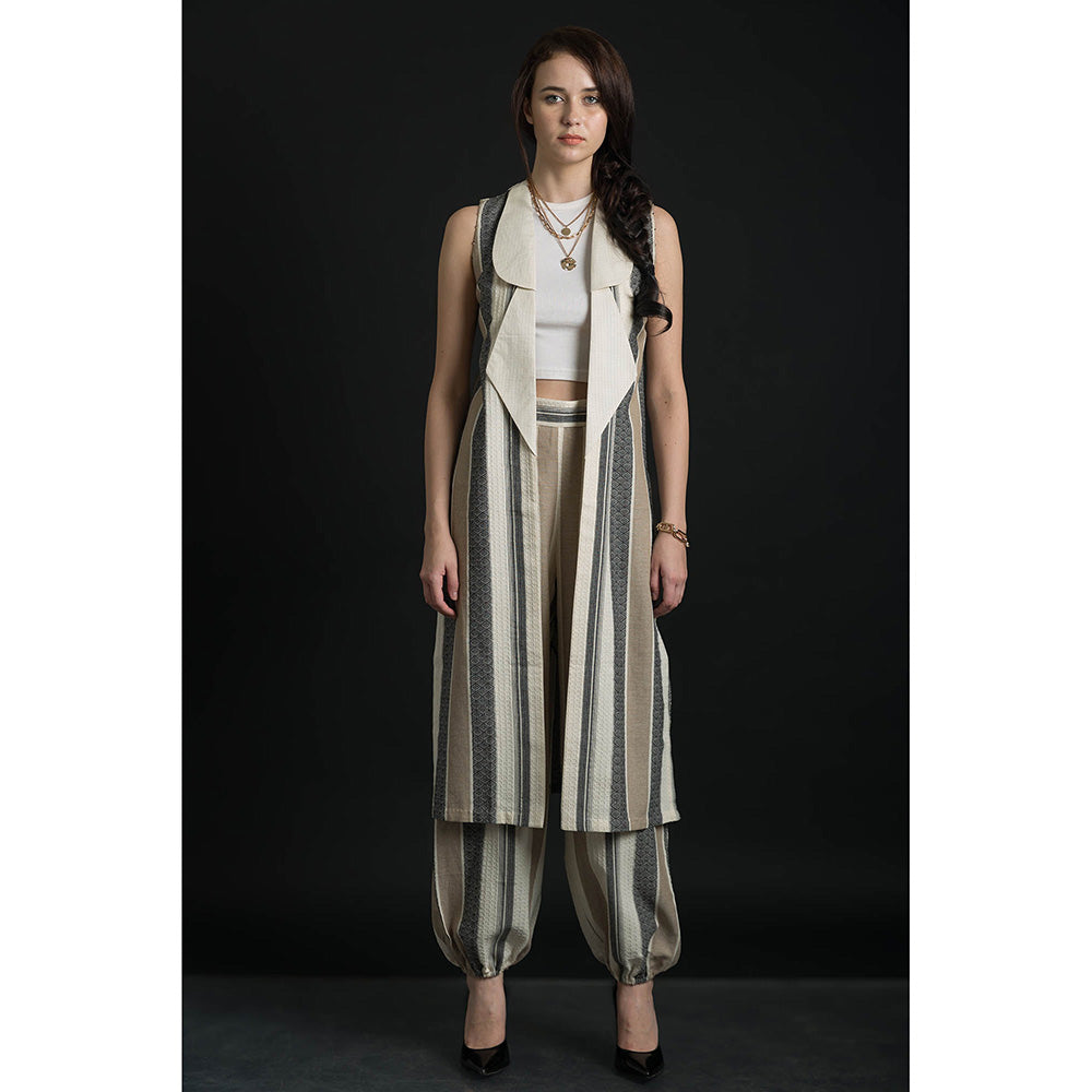 ORCR Double Stripes Sleeveless Beige Jacket with Pant (Set of 2)