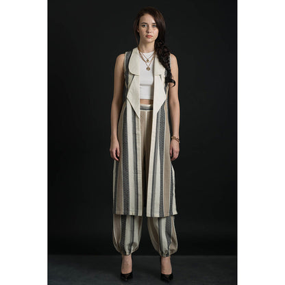 ORCR Double Stripes Sleeveless Beige Jacket with Pant (Set of 2)