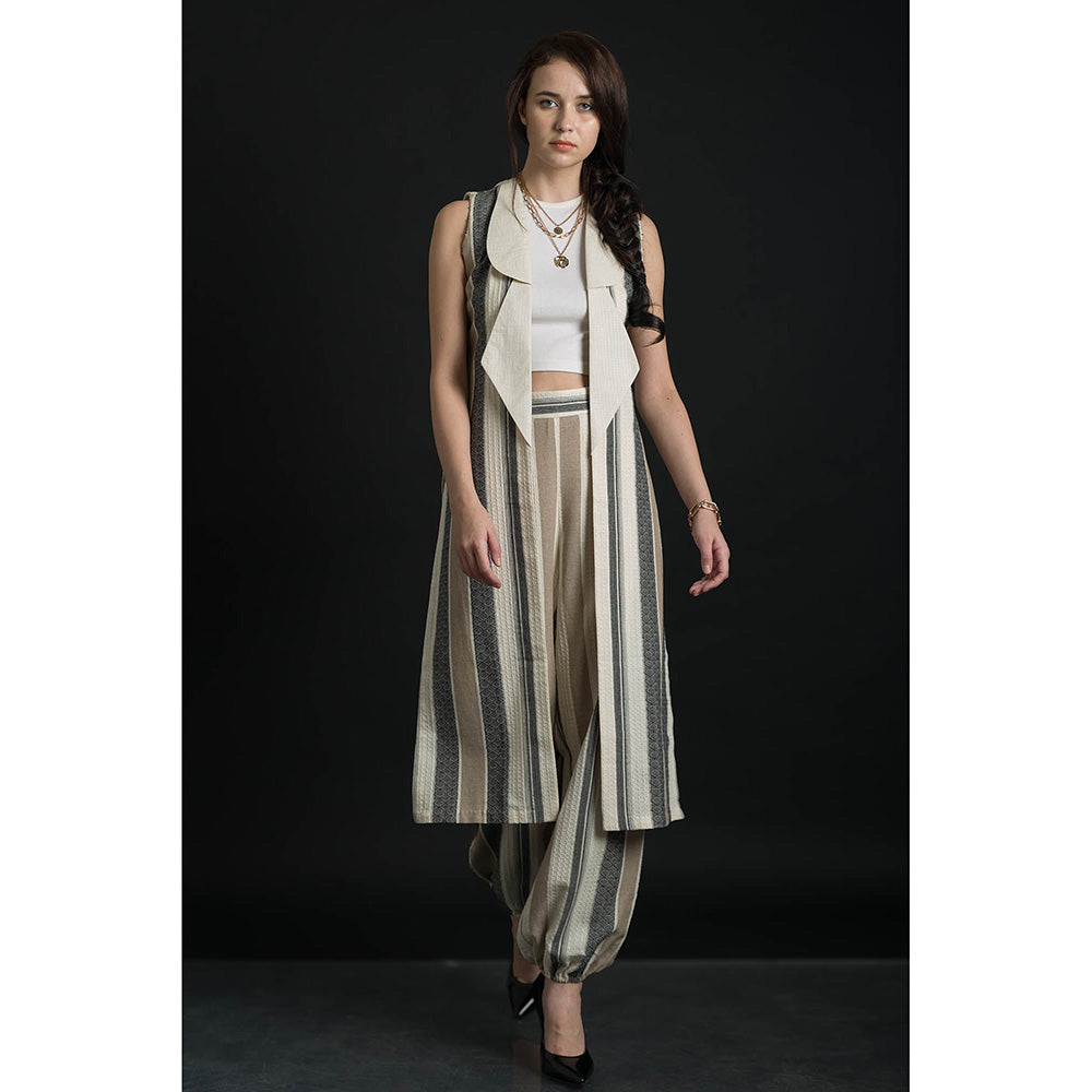ORCR Double Stripes Sleeveless Beige Jacket with Pant (Set of 2)