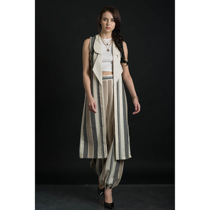 ORCR Double Stripes Sleeveless Beige Jacket with Pant (Set of 2)