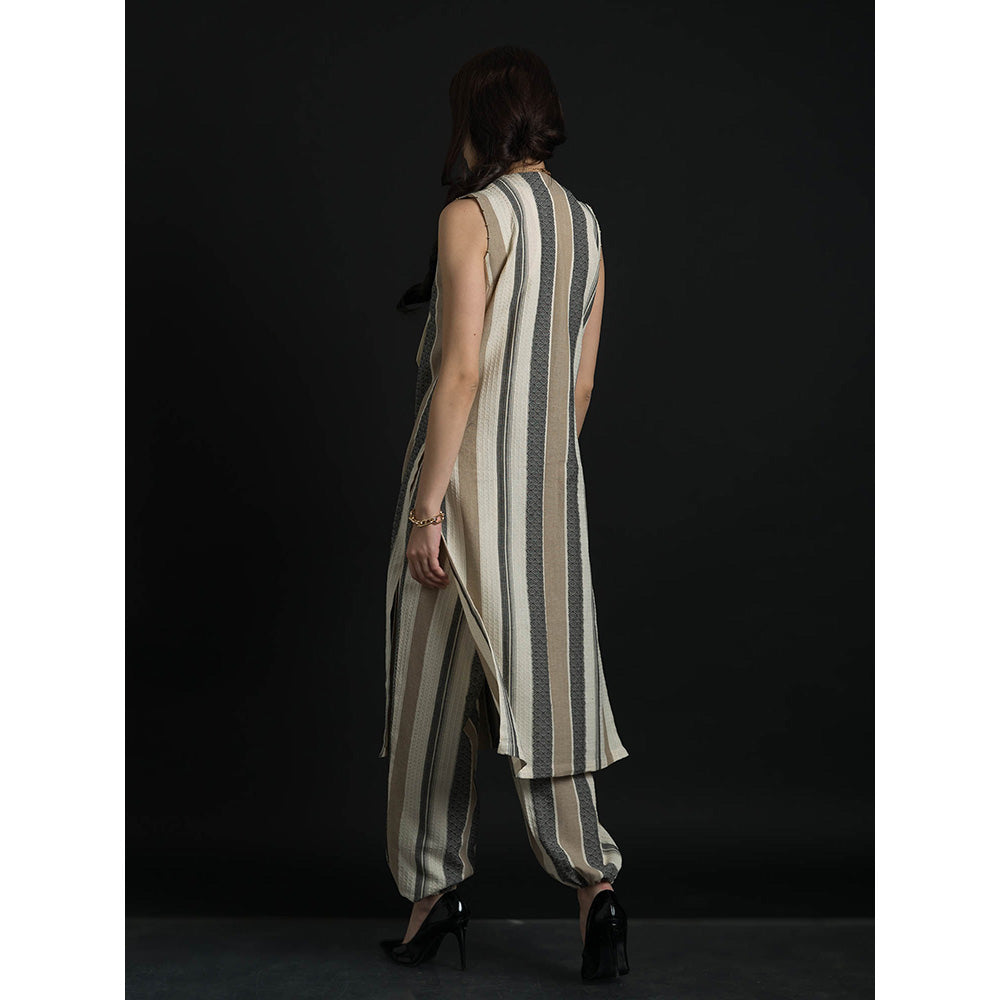ORCR Double Stripes Sleeveless Beige Jacket with Pant (Set of 2)