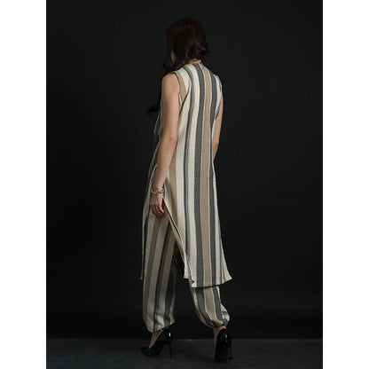 ORCR Double Stripes Sleeveless Beige Jacket with Pant (Set of 2)