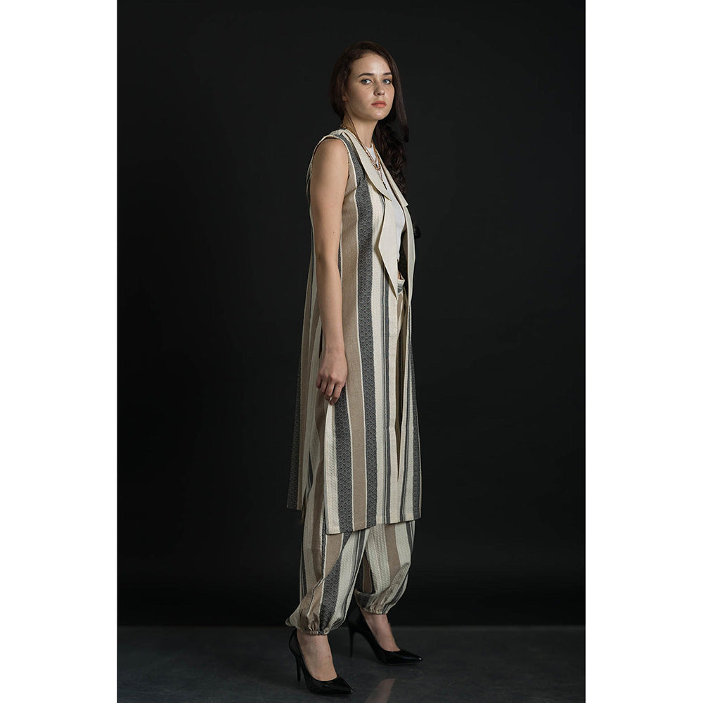 ORCR Double Stripes Sleeveless Beige Jacket with Pant (Set of 2)