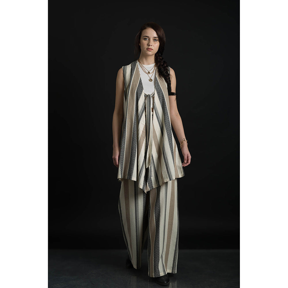 ORCR Tokyo Stripes Sleeveless Beige Jacket with Pant (Set of 2)