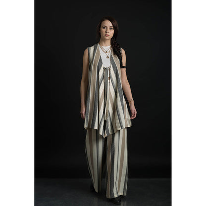 ORCR Tokyo Stripes Sleeveless Beige Jacket with Pant (Set of 2)
