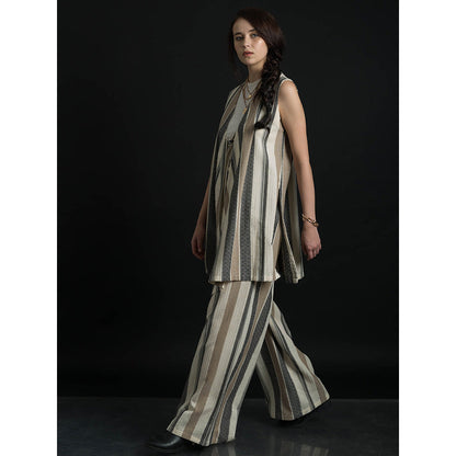 ORCR Tokyo Stripes Sleeveless Beige Jacket with Pant (Set of 2)