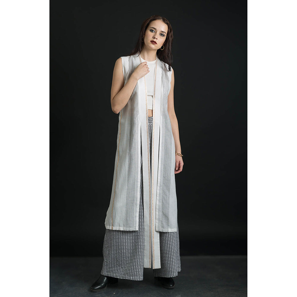 ORCR Siran Checks Sleeveless Off White Jacket with Pant (Set of 2)