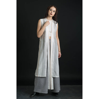ORCR Siran Checks Sleeveless Off White Jacket with Pant (Set of 2)