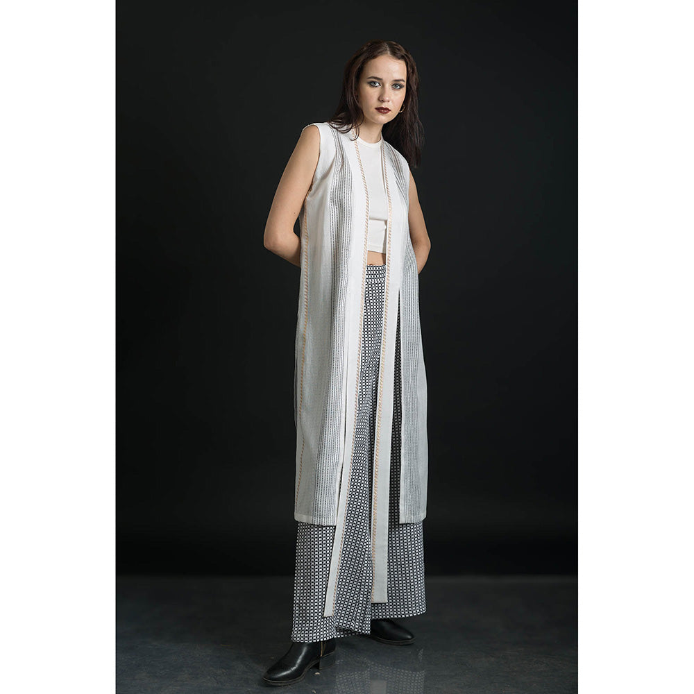 ORCR Siran Checks Sleeveless Off White Jacket with Pant (Set of 2)
