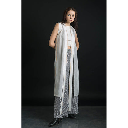 ORCR Siran Checks Sleeveless Off White Jacket with Pant (Set of 2)