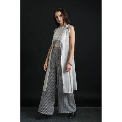 ORCR Ramin Checks Sleeveless Off White Jacket with Pant (Set of 2)