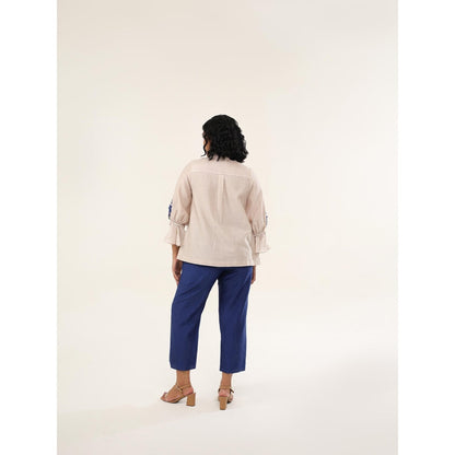 ORIGANI Beige and Blue Jasmine Floral Embroidered Shirt with Pant (Set of 2)