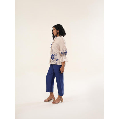 ORIGANI Beige and Blue Jasmine Floral Embroidered Shirt with Pant (Set of 2)