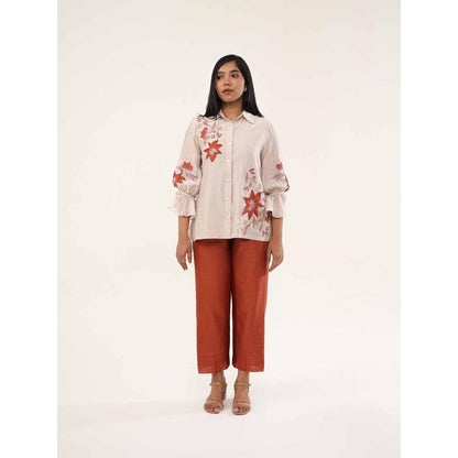ORIGANI Beige and Rust Jasmine Floral Embroidered Shirt with Pant (Set of 2)