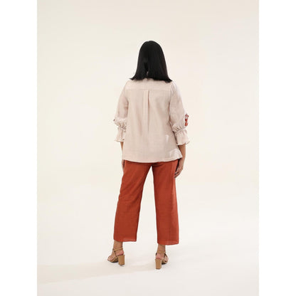 ORIGANI Beige and Rust Jasmine Floral Embroidered Shirt with Pant (Set of 2)