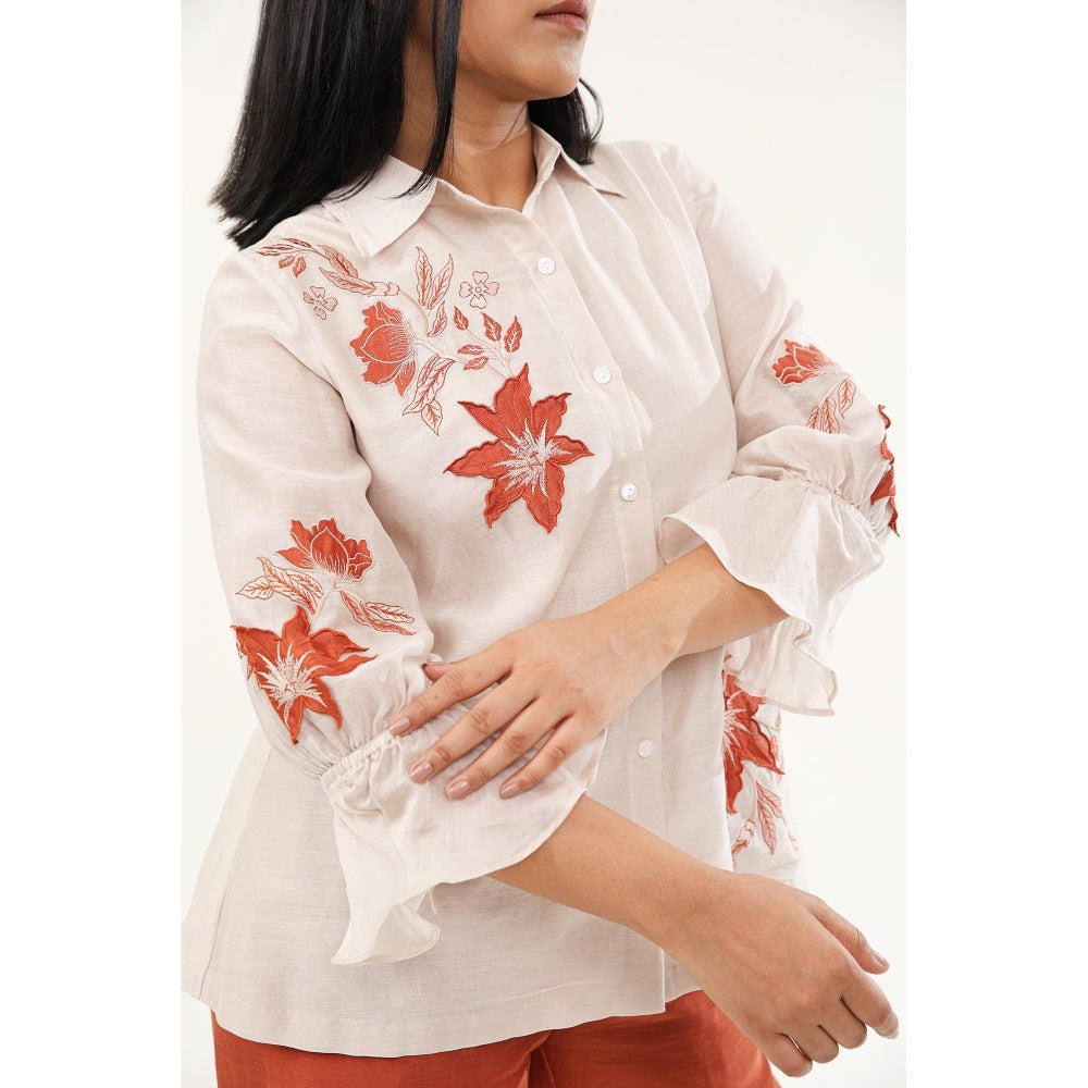 ORIGANI Beige and Rust Jasmine Floral Embroidered Shirt with Pant (Set of 2)