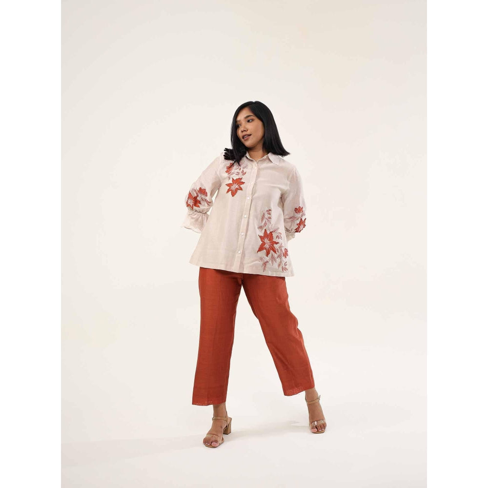 ORIGANI Beige and Rust Jasmine Floral Embroidered Shirt with Pant (Set of 2)
