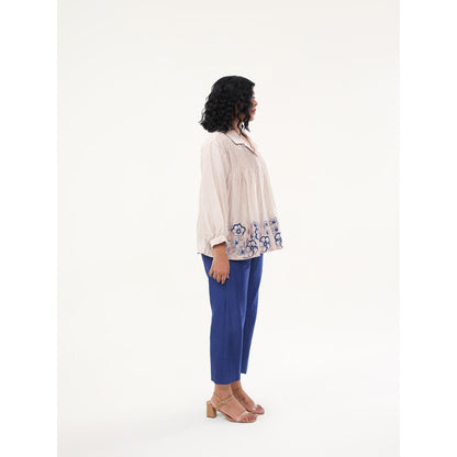 ORIGANI Beige and Blue Zinnia Top and Pant (Set of 2)