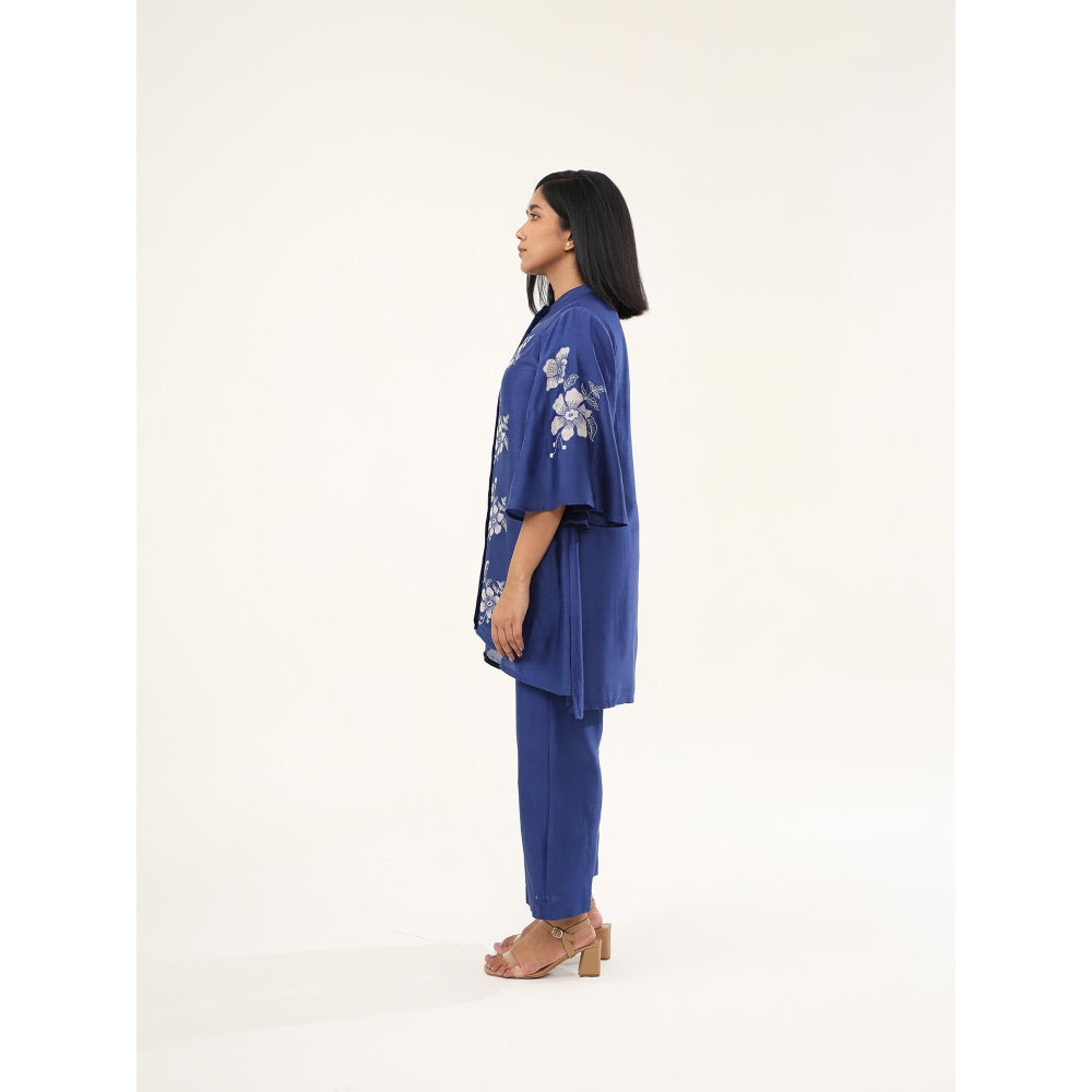 ORIGANI Blue Floral Embroidered Camellia Co-Ord (Set of 2)