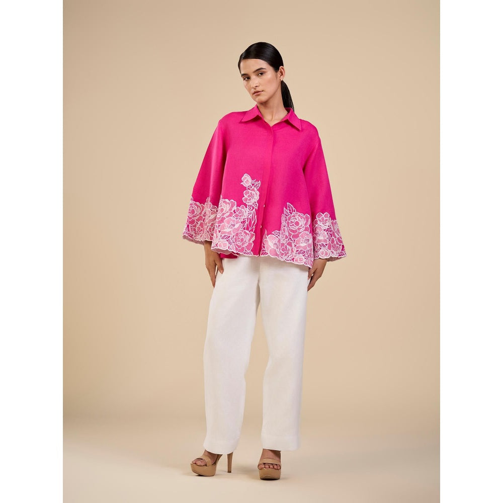 ORIGANI Pink Floral Embroidered Petal Garden Shirt and Pant (Set of 2)