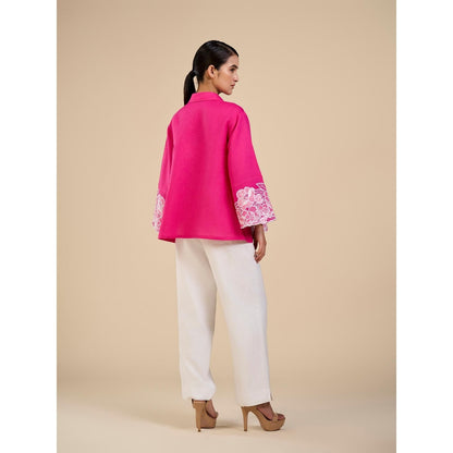 ORIGANI Pink Floral Embroidered Petal Garden Shirt and Pant (Set of 2)