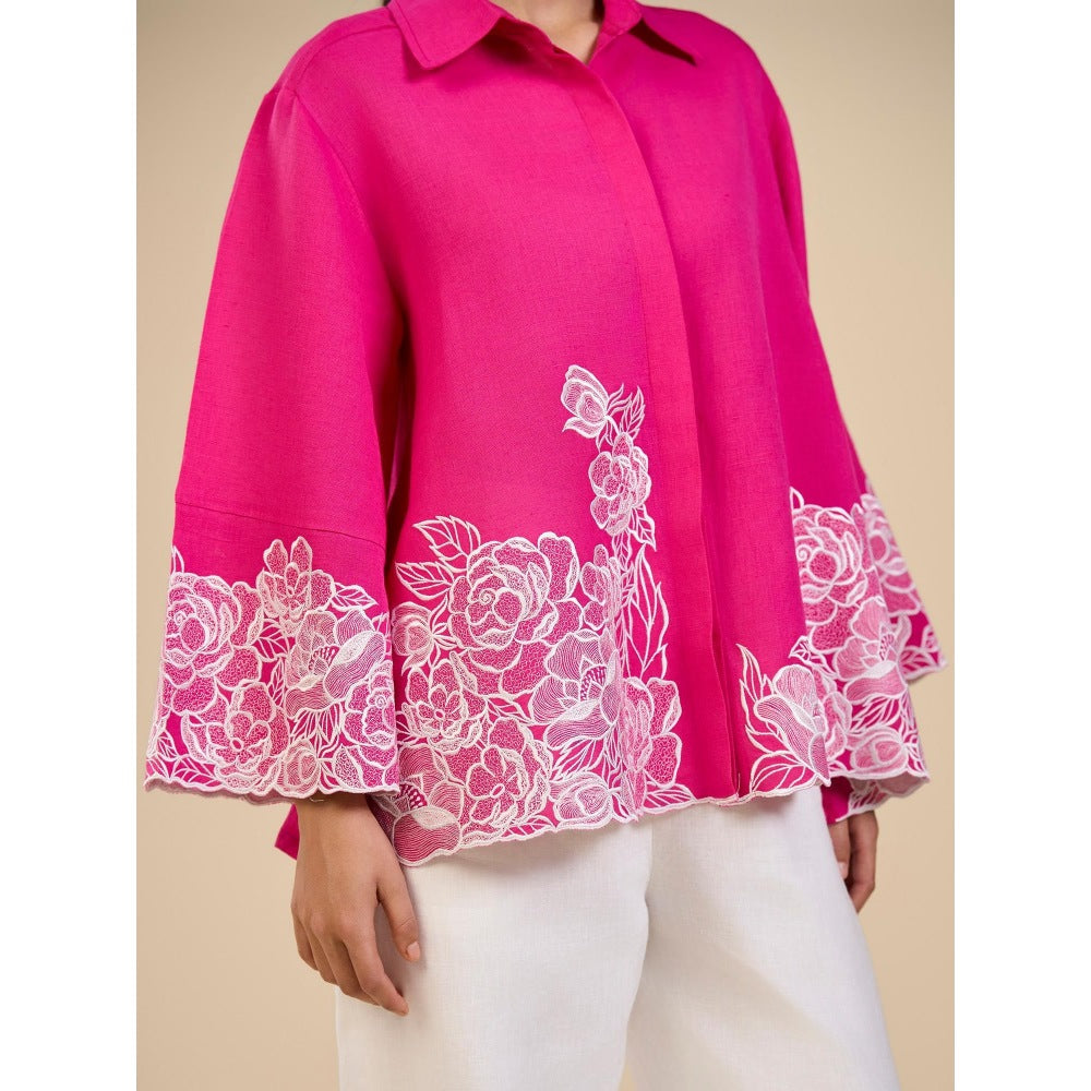 ORIGANI Pink Floral Embroidered Petal Garden Shirt and Pant (Set of 2)