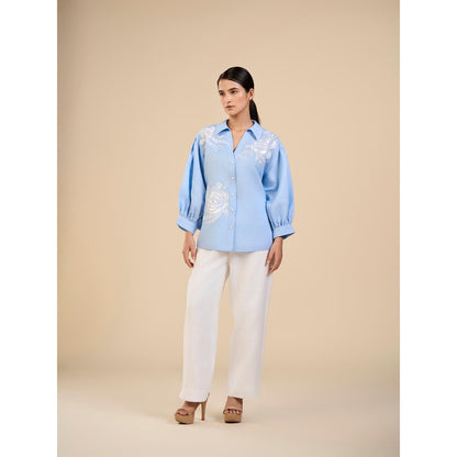 ORIGANI Blue Iceberg Floral Embroidered Shirt with Pant (Set of 2)