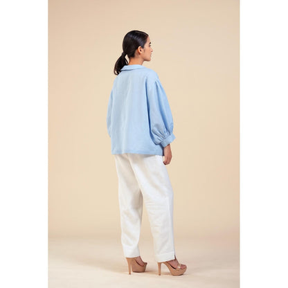 ORIGANI Blue Iceberg Floral Embroidered Shirt with Pant (Set of 2)