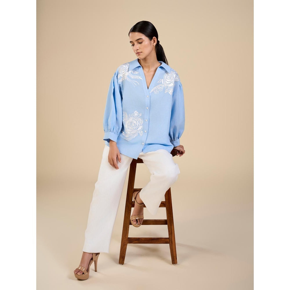 ORIGANI Blue Iceberg Floral Embroidered Shirt with Pant (Set of 2)