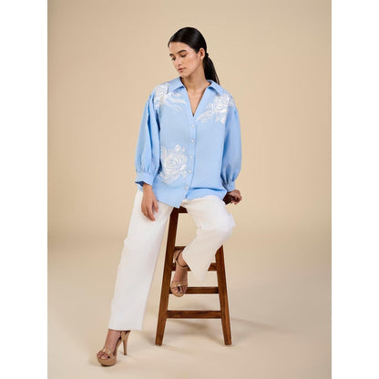 ORIGANI Blue Iceberg Floral Embroidered Shirt with Pant (Set of 2)