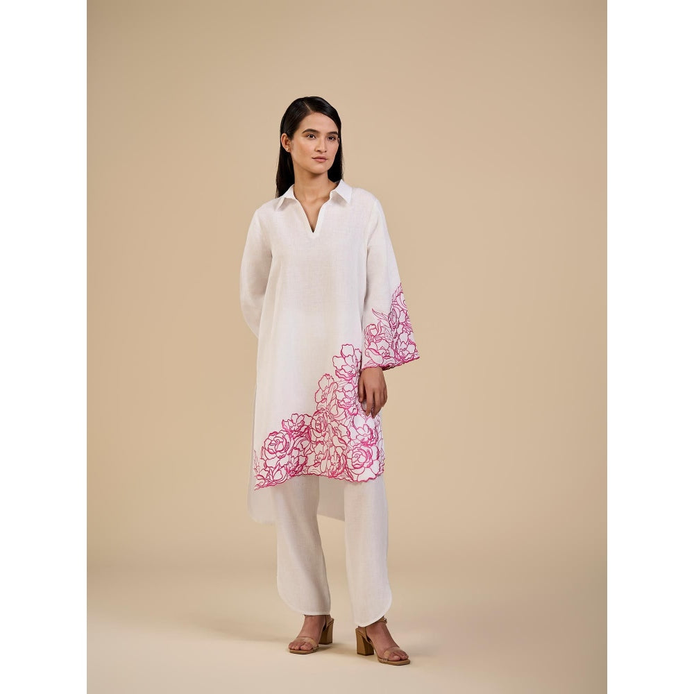 ORIGANI Pink and White Floral Rose Embroidered Garden Co-Ord (Set of 2)