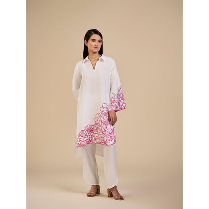 ORIGANI Pink and White Floral Rose Embroidered Garden Co-Ord (Set of 2)