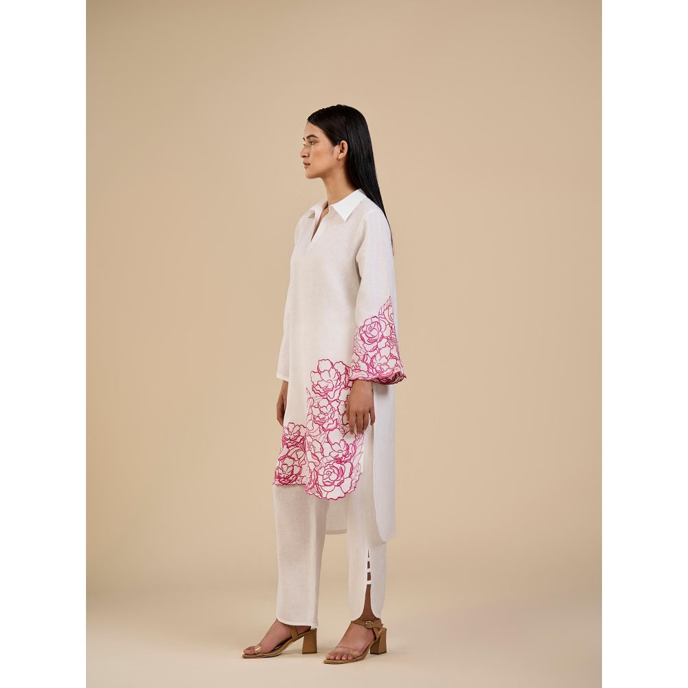 ORIGANI Pink and White Floral Rose Embroidered Garden Co-Ord (Set of 2)