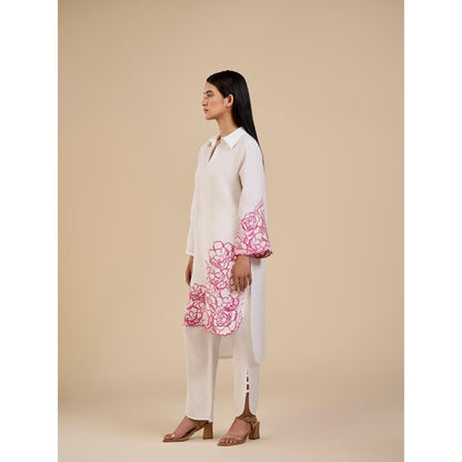 ORIGANI Pink and White Floral Rose Embroidered Garden Co-Ord (Set of 2)