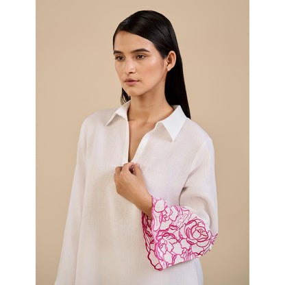 ORIGANI Pink and White Floral Rose Embroidered Garden Co-Ord (Set of 2)