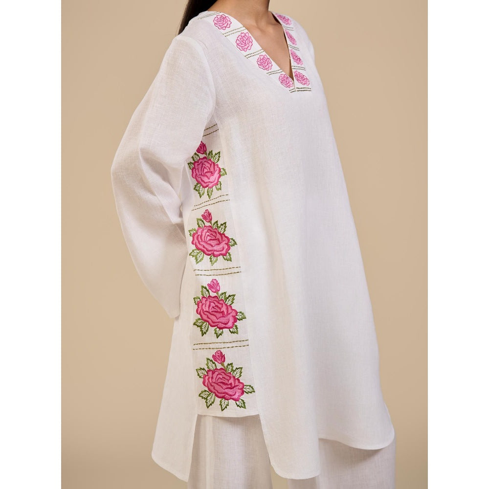ORIGANI Pink and White Floral Embroidered Primrose Tunic with Pant (Set of 2)