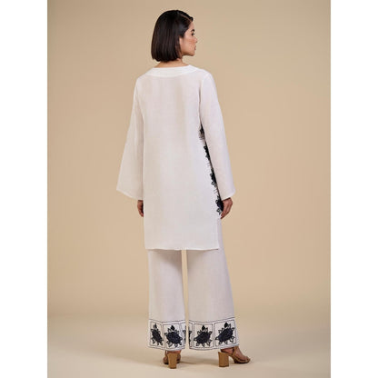 ORIGANI Black and White Floral Embroidered Primrose Tunic with Pant (Set of 2)