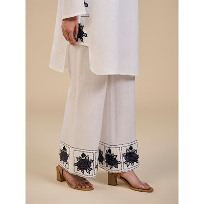 ORIGANI Black and White Floral Embroidered Primrose Tunic with Pant (Set of 2)