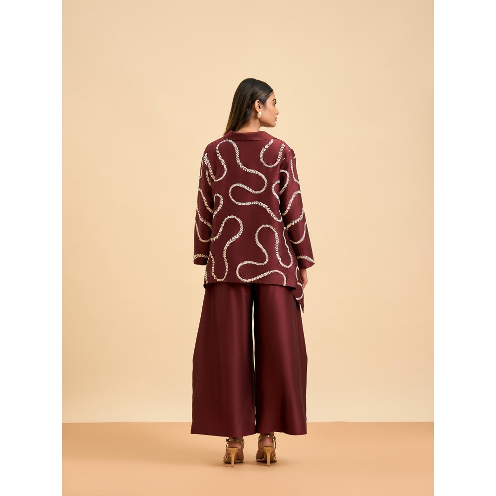 ORIGANI Maroon Embroidered Regal Harmony Co-Ord (Set of 3)