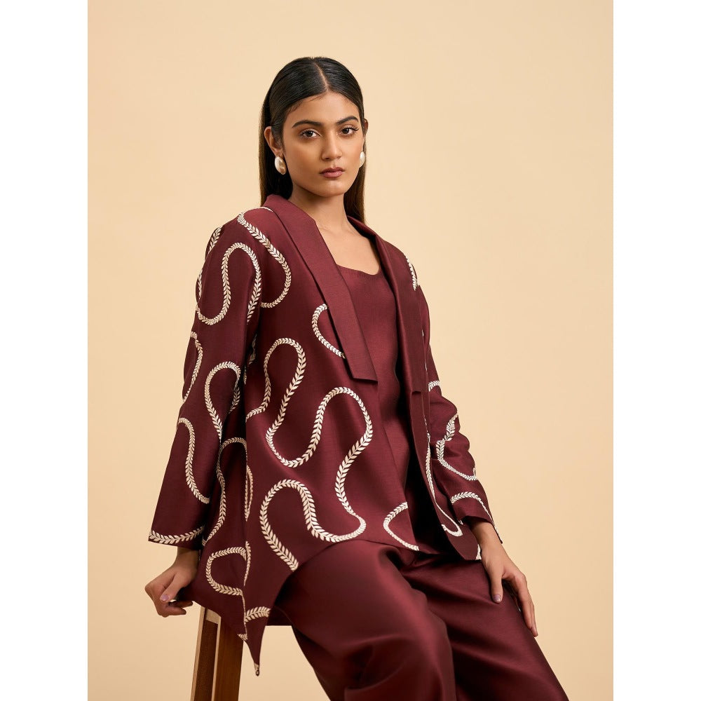 ORIGANI Maroon Embroidered Regal Harmony Co-Ord (Set of 3)