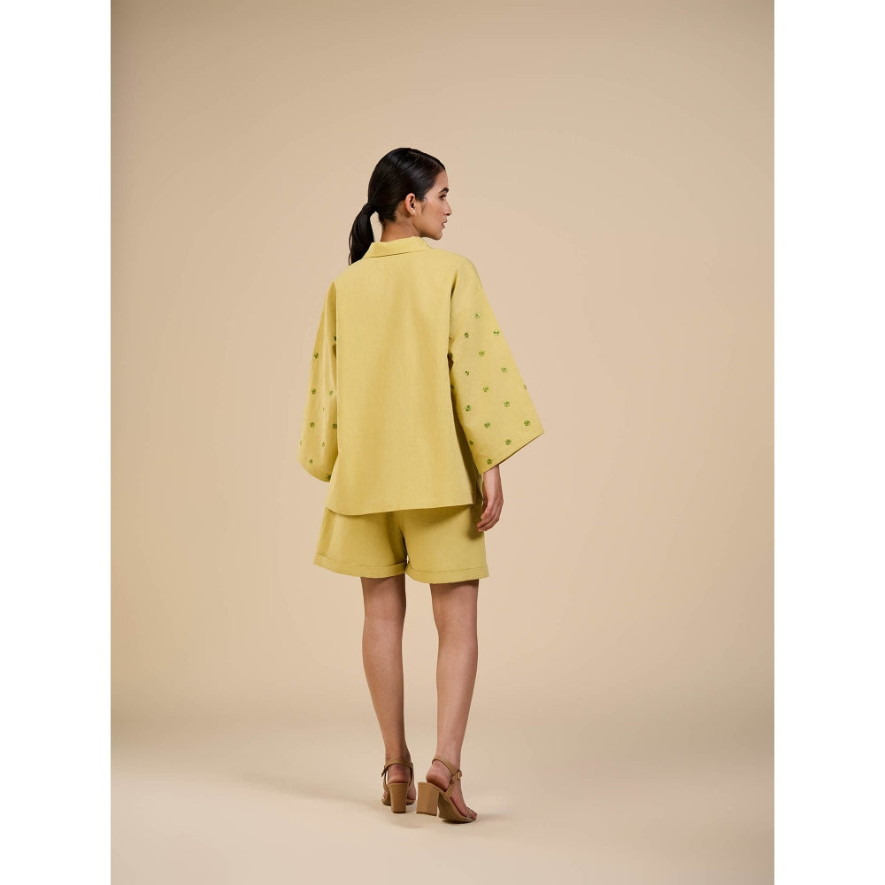 ORIGANI Lime Yellow Embroidered Sleeves Shirt